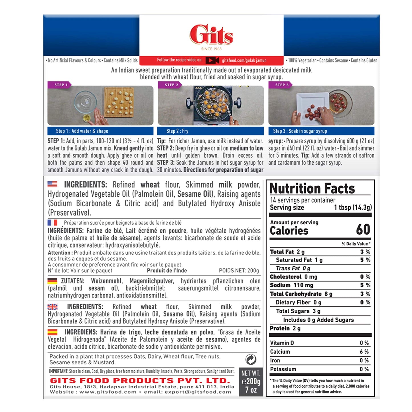 Gits Instant Gulab Jamun Dessert Mix, 1200g (Pack of 6 X 200g Each)