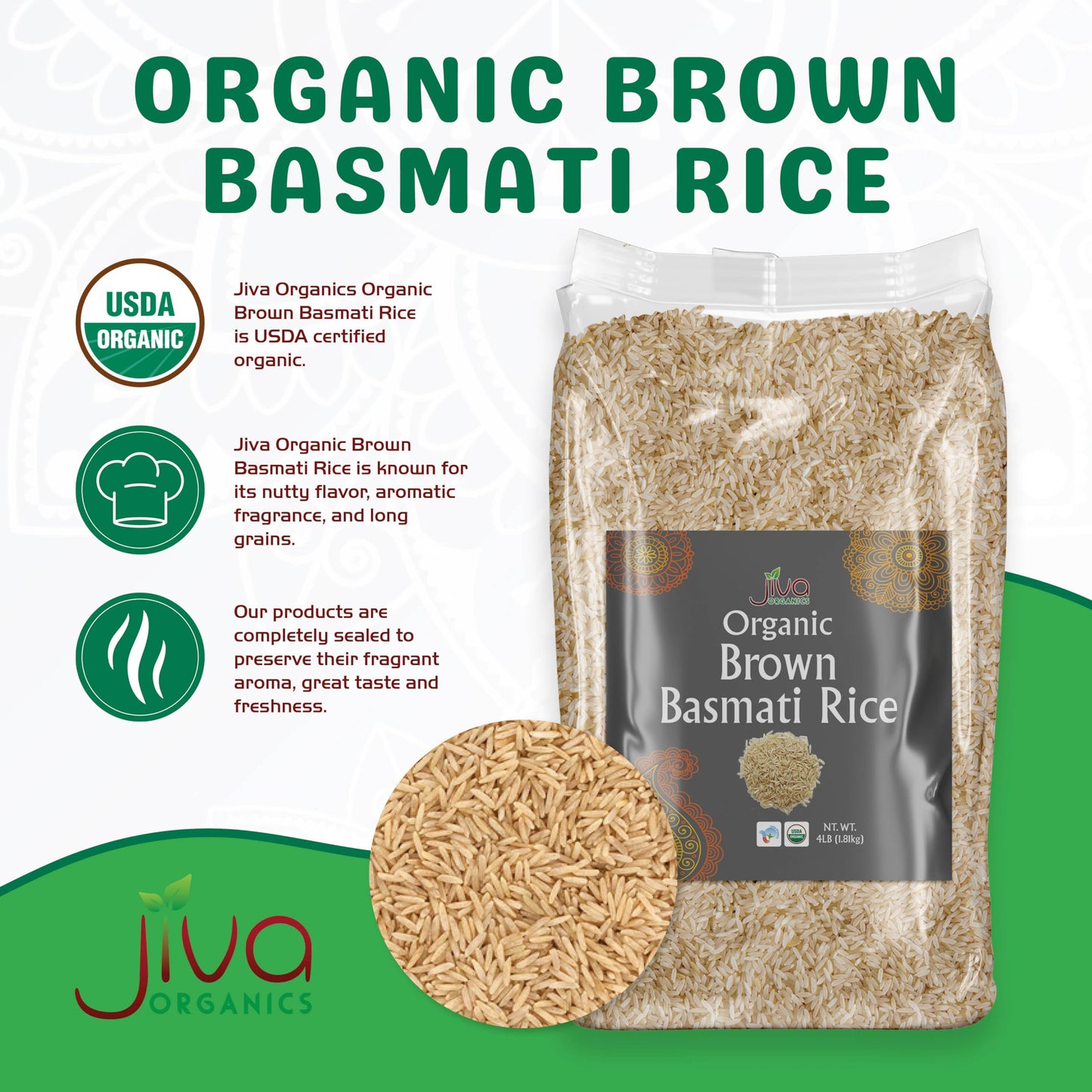 Jiva Organic Brown Basmati Rice 4 Pound Bag - Premium Quality from India