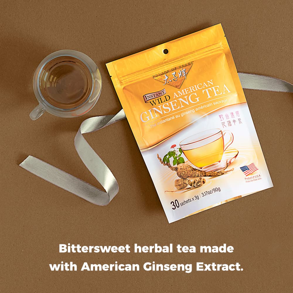 Prince of Peace Instant Wild American Ginseng Tea, 30 Sachets Healthy Drink, Caffeine-Free Energy-Boosting, Heavy Antioxidants, Made in The USA, Plant Extracts