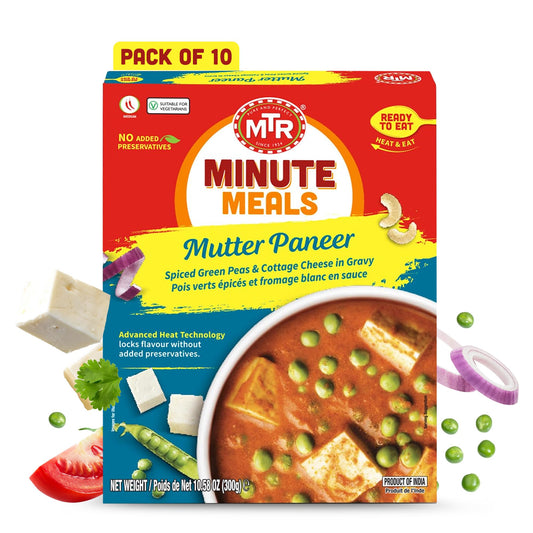 MTR Ready to Eat Mutter Paneer Masala | Spiced Green Peas and Cottage Cheese in Gravy | Pack of 6 (10.58 Oz Each) | Authentic Indian Food | Medium Spicy | Just Heat and Eat | No Preparation | No additives | Gluten Free