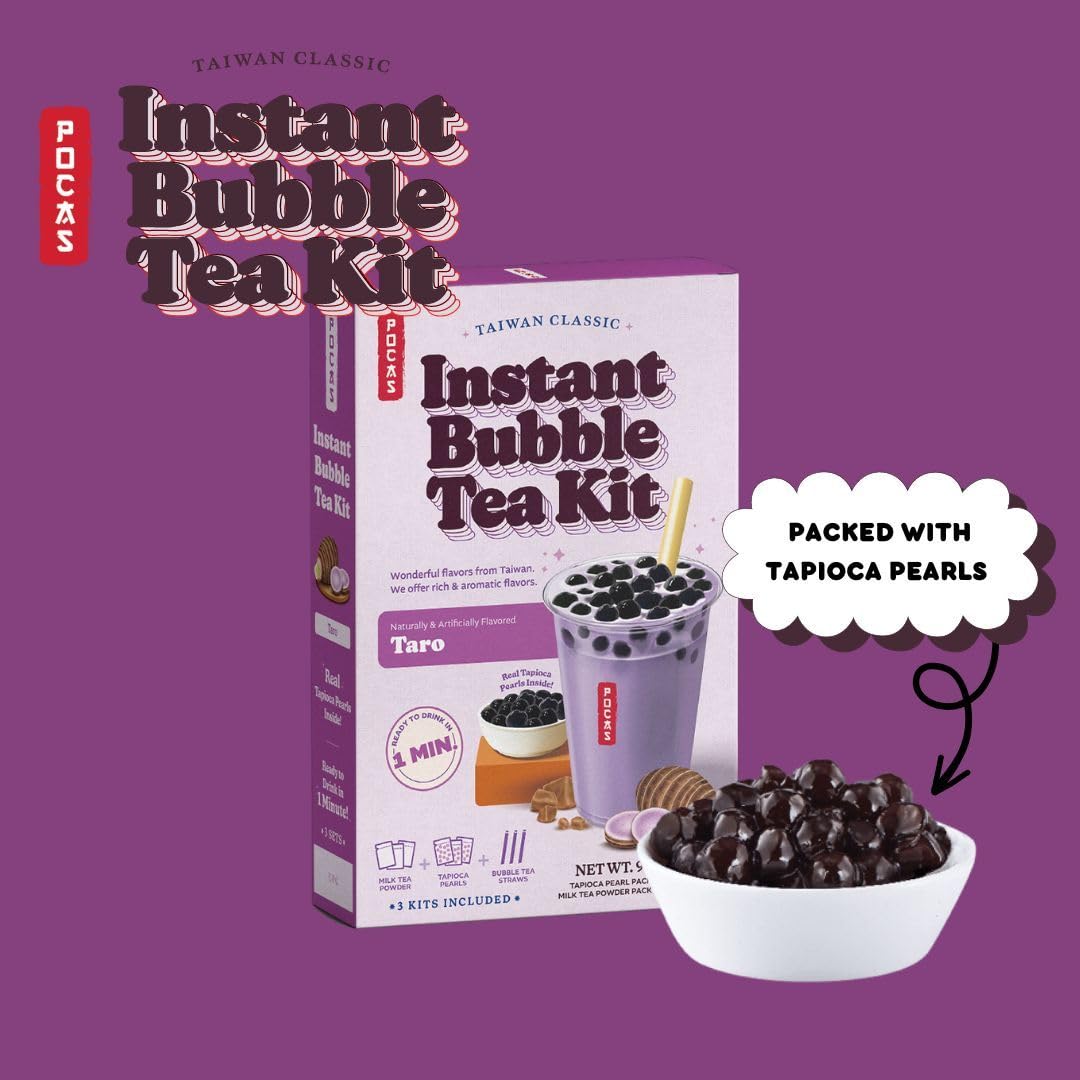 Pocas Bubble Tea Kit, Taro Instant Milk Tea Powder with Authentic Tapioca Pearls for Instant Bubble Tea, 5 Kits