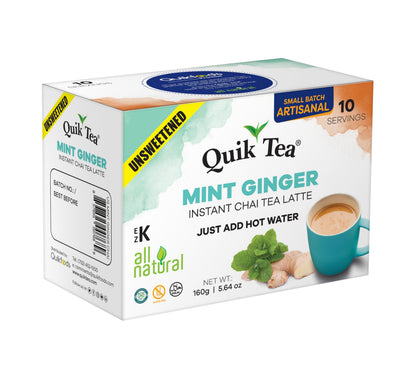 QuikTea Mint (Pudina) Ginger Chai Tea Latte - 10 Count Single Box - All Natural & Preservative Free Authentic Instant Chai Tea - Just Add Hot Water! (Unsweetened)