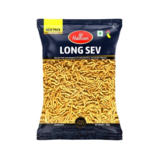 Haldiram's Long Sev | Crispy & Crunchy Traditional Sev | Made with All Natural Ingredients | Lightly Spiced & Flavorful | Perfect Topping for All Foods |200 gms