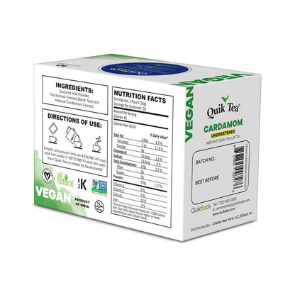 QuikTea Vegan Unsweetened Cardamom Instant Chai Tea Latte - 10 Count Single Box - Easy Ayurvedic Dairy Free Alternative