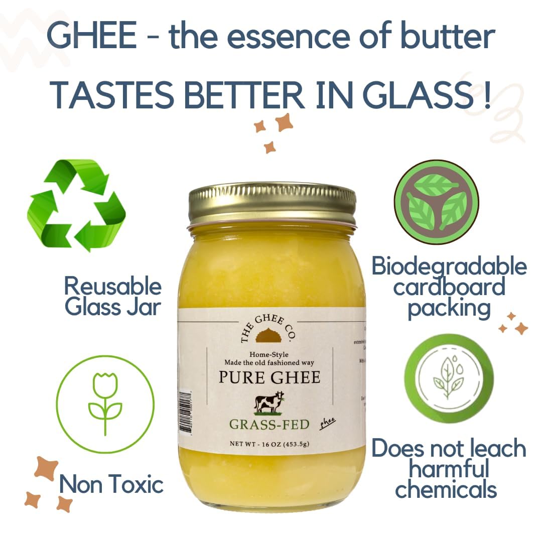 The Ghee Co., Grass Fed Ghee , 16 Fl oz , Made with Grade AA butter, Lactose and Casein free, Paleo and Keto friendly, glass jar