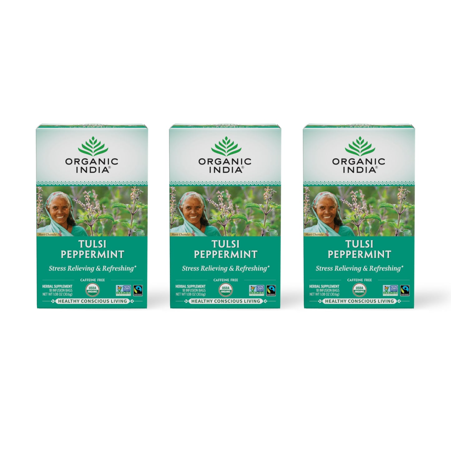 Organic India Tulsi Peppermint Herbal Tea - Stress Relieving & Refreshing, Immune Support, Aids Digestion, Vegan, USDA Certified Organic, Fairtrade, Caffeine-Free - 18 Infusion Bags, 3 Pack