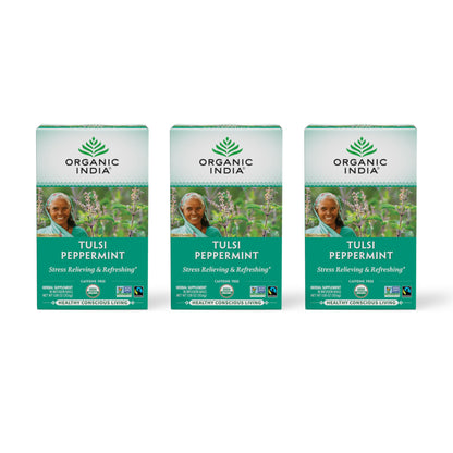 Organic India Tulsi Peppermint Herbal Tea - Stress Relieving & Refreshing, Immune Support, Aids Digestion, Vegan, USDA Certified Organic, Fairtrade, Caffeine-Free - 18 Infusion Bags, 3 Pack