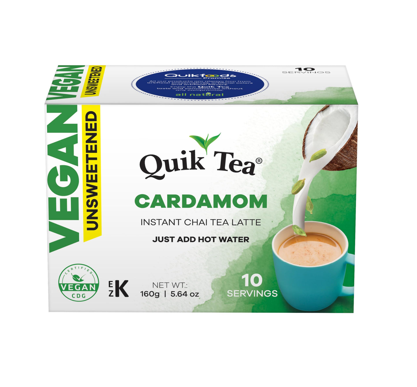 QuikTea Vegan Unsweetened Cardamom Instant Chai Tea Latte - 10 Count Single Box - Easy Ayurvedic Dairy Free Alternative