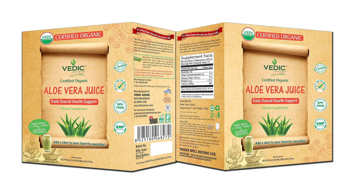 Vedic Organic Aloe Vera Juice | Daily Overall Health Support 500ml x 2