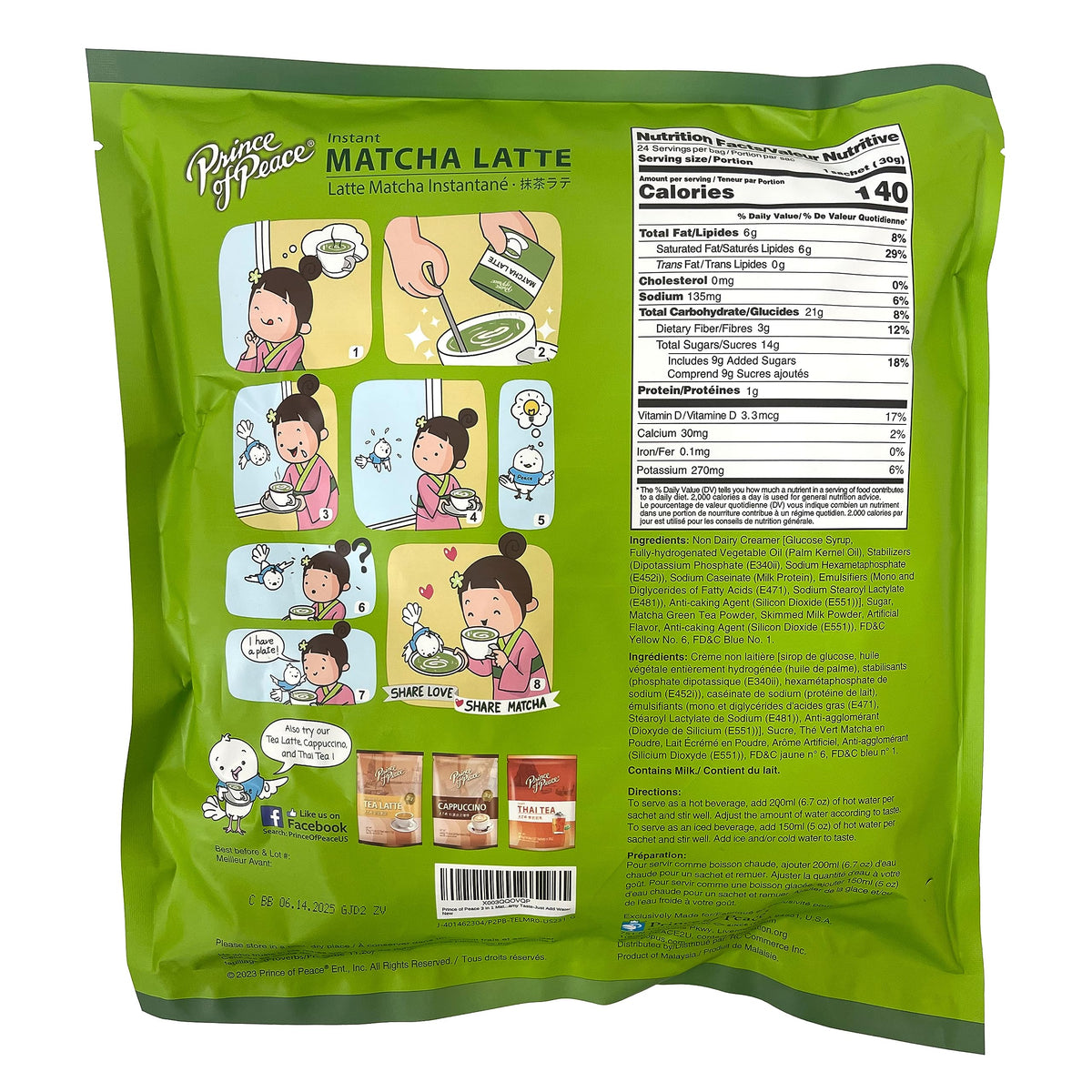 Prince of Peace 3 in 1 Matcha Latte Instant Beverage, 24 Sachets Made with Matcha Powder from Japan - Instant Hot or Cold Beverage