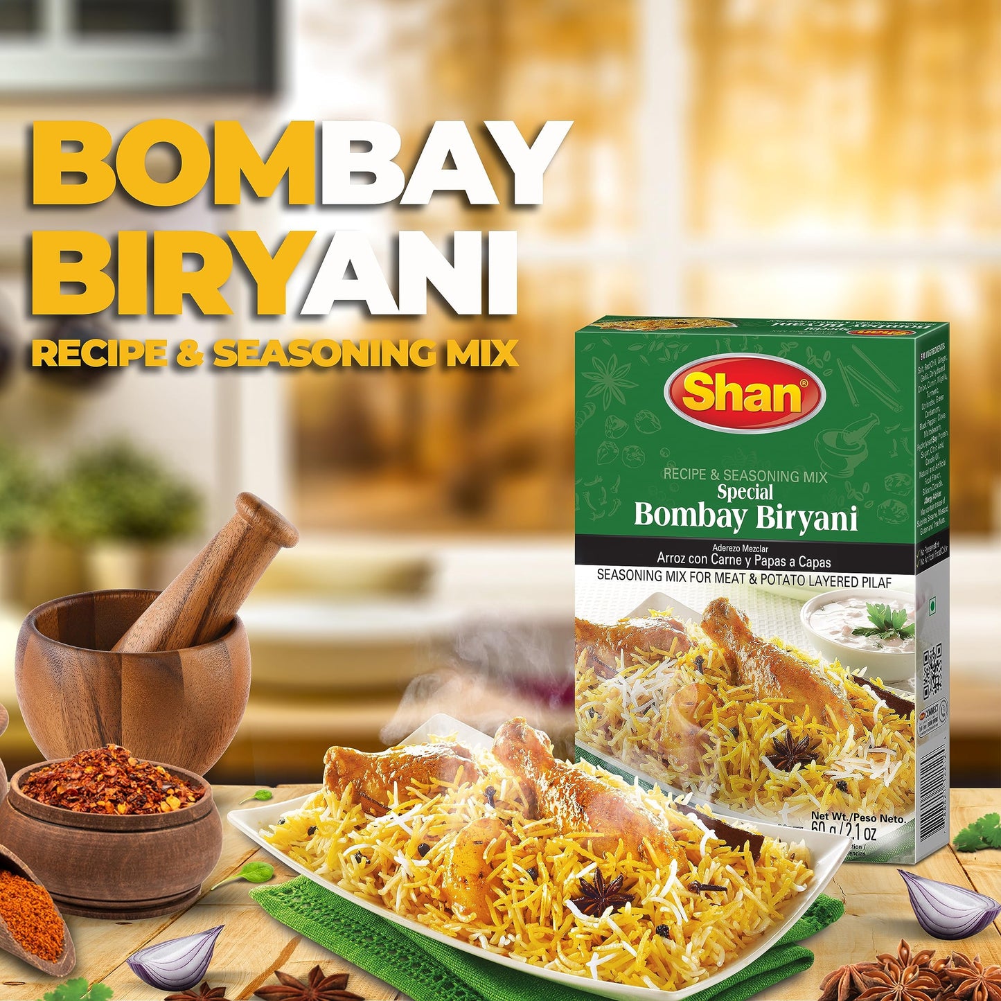 Shan - Bombay Biryani Seasoning Mix (60g) - Spice Packets for Spicy Meat Pilaf (Pack of 6)