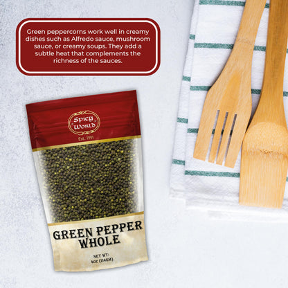 Spicy World Whole Green Peppercorns 4 Oz Bag - Steam Sterilized & All Natural
