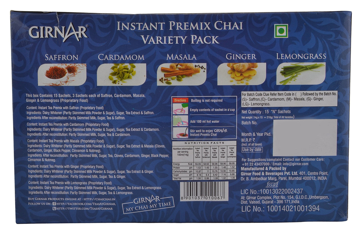 Girnar Instant Tea Premix Variety Pack, 15 Sachets