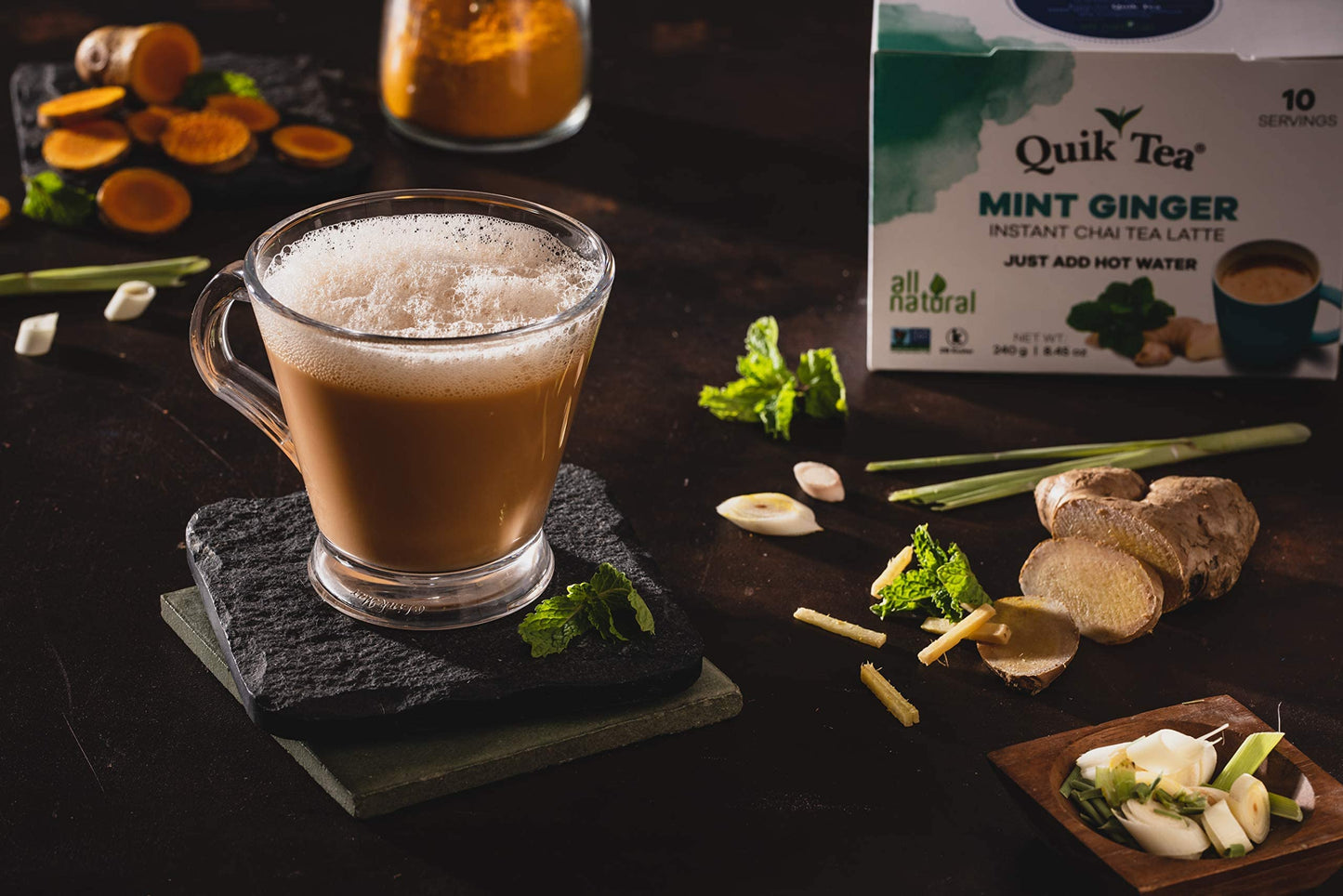 QuikTea Ginger Chai Tea Latte 10 Count, Bold Ginger Flavor, Naturally Caffeine-Light, no preservatives, No Sugar Added Just Add Hot Water