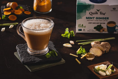 QuikTea Ginger Chai Tea Latte 10 Count, Bold Ginger Flavor, Naturally Caffeine-Light, no preservatives, No Sugar Added Just Add Hot Water