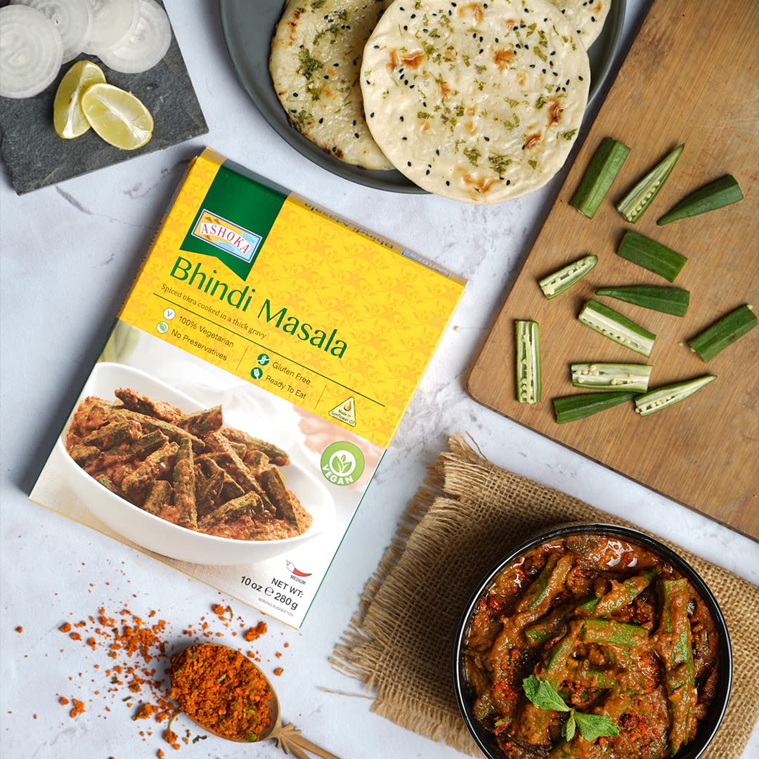 Ashoka Ready to Eat 1932, Vegan Spiced Orka, All-Natural Bhindi Masala, Real Indian Meals, Great for Offices, Healthy Work Lunch, Gluten-Free, and with No Preservatives, Pack of 10