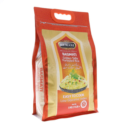 HEMANI Basmati Golden Sella Parboiled Rice 11LB - Great Value Savings - 1 LB FREE - Easy to Cook - Low Glycemic Index