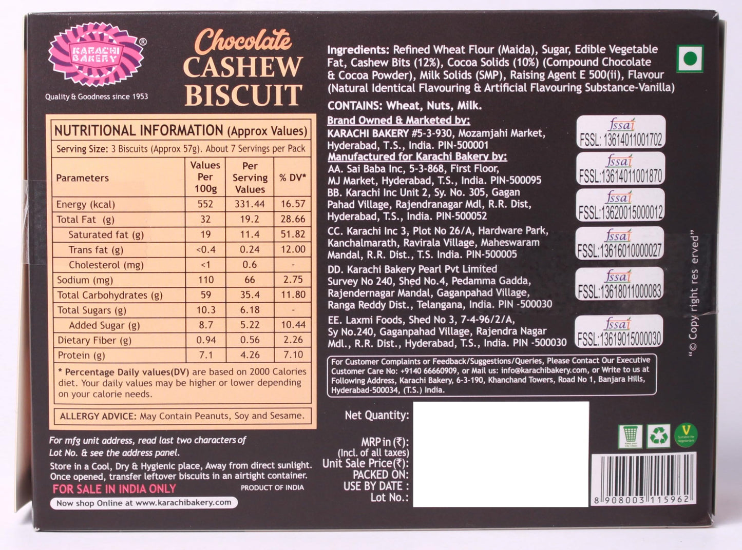 Karachi's Chocolate Cashew biscuits 400 gms