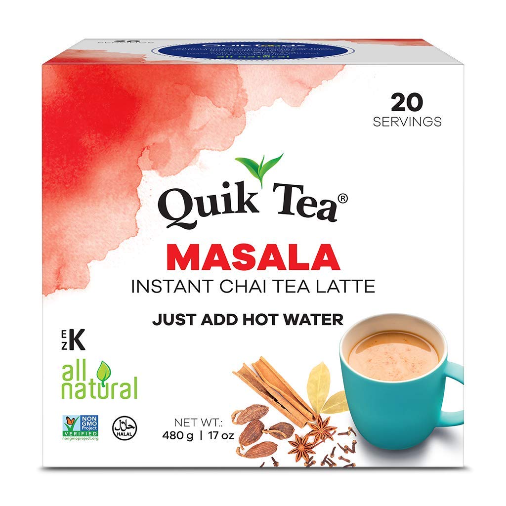 QuikTea Masala Chai Tea Latte 20 Pouches - Packaging May Vary - All Natural & Preservative Free Authentic Instant Chai
