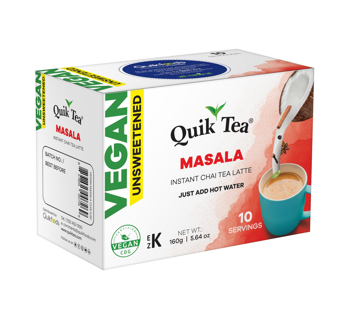 QuikTea Vegan Unsweetened Masala Instant Chai Tea Latte - 10 Count Single Box - Indian Tea