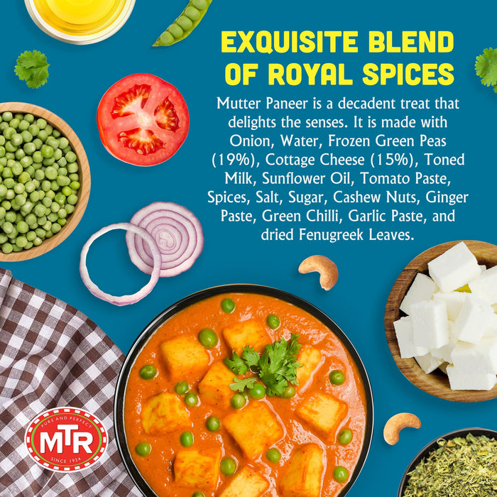 MTR Ready to Eat Mutter Paneer Masala | Spiced Green Peas and Cottage Cheese in Gravy | Pack of 6 (10.58 Oz Each) | Authentic Indian Food | Medium Spicy | Just Heat and Eat | No Preparation | No additives | Gluten Free