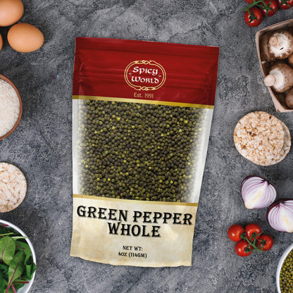 Spicy World Whole Green Peppercorns 4 Oz Bag - Steam Sterilized & All Natural