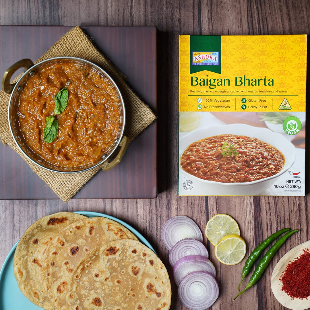 Ashoka All-Natural Entrees 1932, Vegan Mashed Aubergines, Microwave Ready Meals, Authentic Baigan Bharta, Portable Backpack Friendly Indian Food, Gluten-Free, and with No Preservatives, Pack of 1