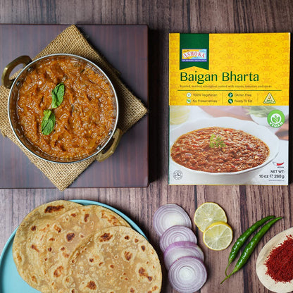Ashoka All-Natural Entrees 1932, Vegan Mashed Aubergines, Microwave Ready Meals, Authentic Baigan Bharta, Portable Backpack Friendly Indian Food, Gluten-Free, and with No Preservatives, Pack of 1