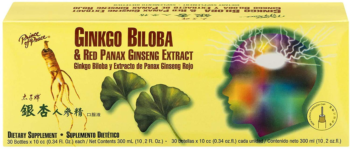 Prince Of Peace Ginkgo Biloba & Red Panax Ginseng Extract, 30 Bottles, 0.34 fl. oz. Each Ginkgo Biloba Supplement Chinese Red Panax Ginseng Extract Supports Overall Well-Being
