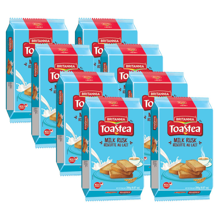 Britannia Toastea Milk Rusk 9.87oz (280g) - Biscotte Au Lait - Crispy, Crunchy Tea Moments - Breakfast & Tea Time Snacks - Halal and Suitable for Vegetarians (Pack of 8)