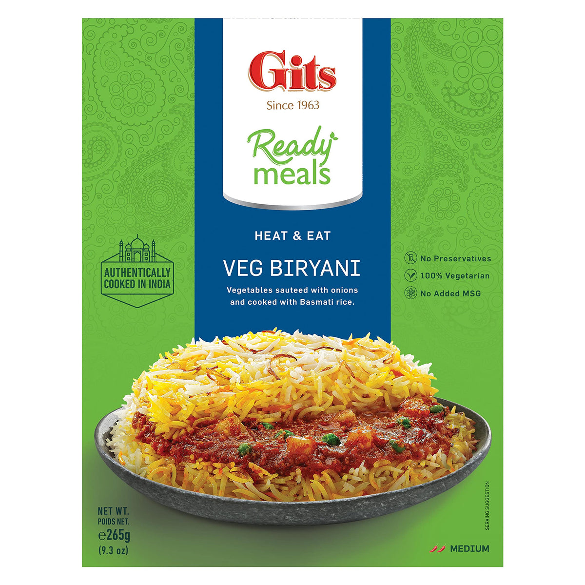 Gits Vegetable Biryani long grain aromatic Indian Basmati rice. Microwave for 1-2 mins | Ready to Eat Entre | 46.5 Oz (Pack of 5 X 9.3 Oz each)