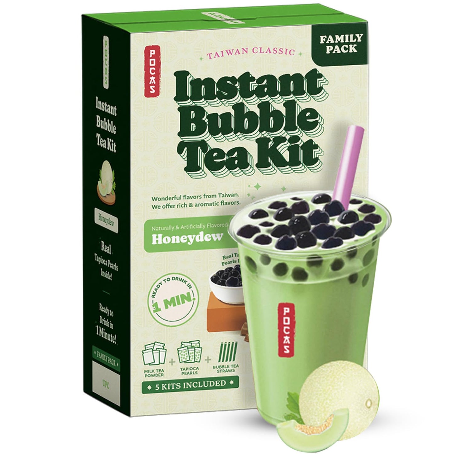Pocas Bubble Tea Kit, Honeydew Instant Milk Tea Powder with Authentic Tapioca Pearls for Instant Bubble Tea, 5 Kits
