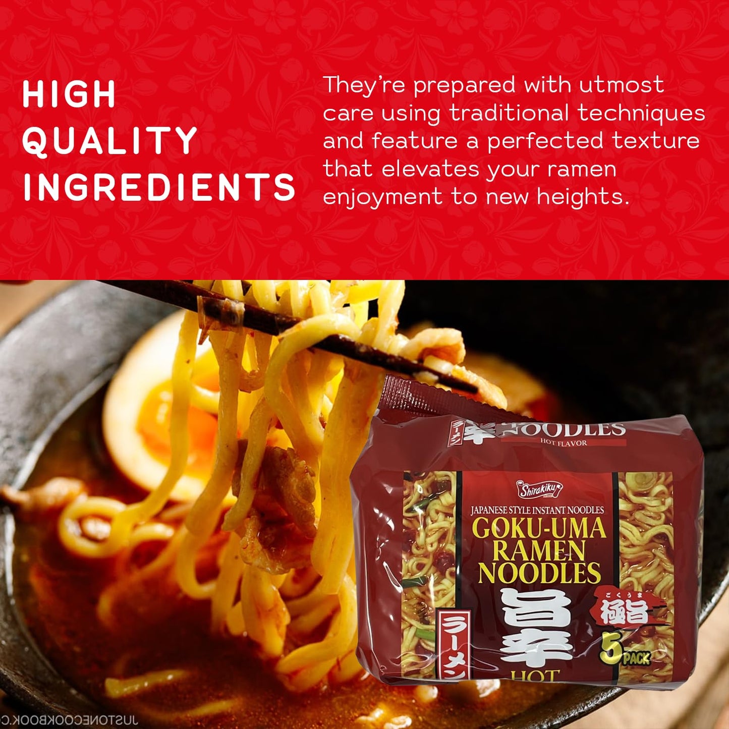 SHIRAKIKU Goku-Uma Ramen Noodles | Japanese Style Hot Flavour Instant Noodles | Wheat, Soybean | Low Carb Easy to Cook Asian Noodles - Pack of 5 - ( 1.05 lbs)