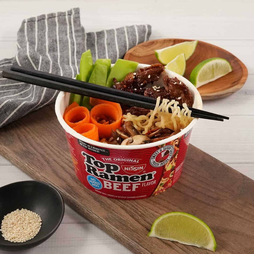 Nissin Top Ramen Bowl Ramen Noodle Soup, Beef, 3.28 Ounce (Pack of 6)