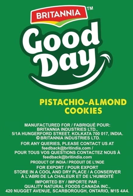 BRITANNIA Good Day Pistachio/Almond Cookies 8.15oz (231g) - Breakfast & Tea Time Snacks - Delicious Grocery Cookies - Halal and Suitable for Vegetarians (Pack of 2)