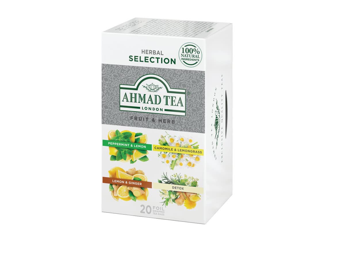 Ahmad Tea Herbal Tea, Fruit and Herb Selection, 4 Teas Peppermint and Lemon, Camomile and Lemongrass, Lemon and Ginger, and Detox Teabags, 20 ct - Decaffeinated and Sugar-Free