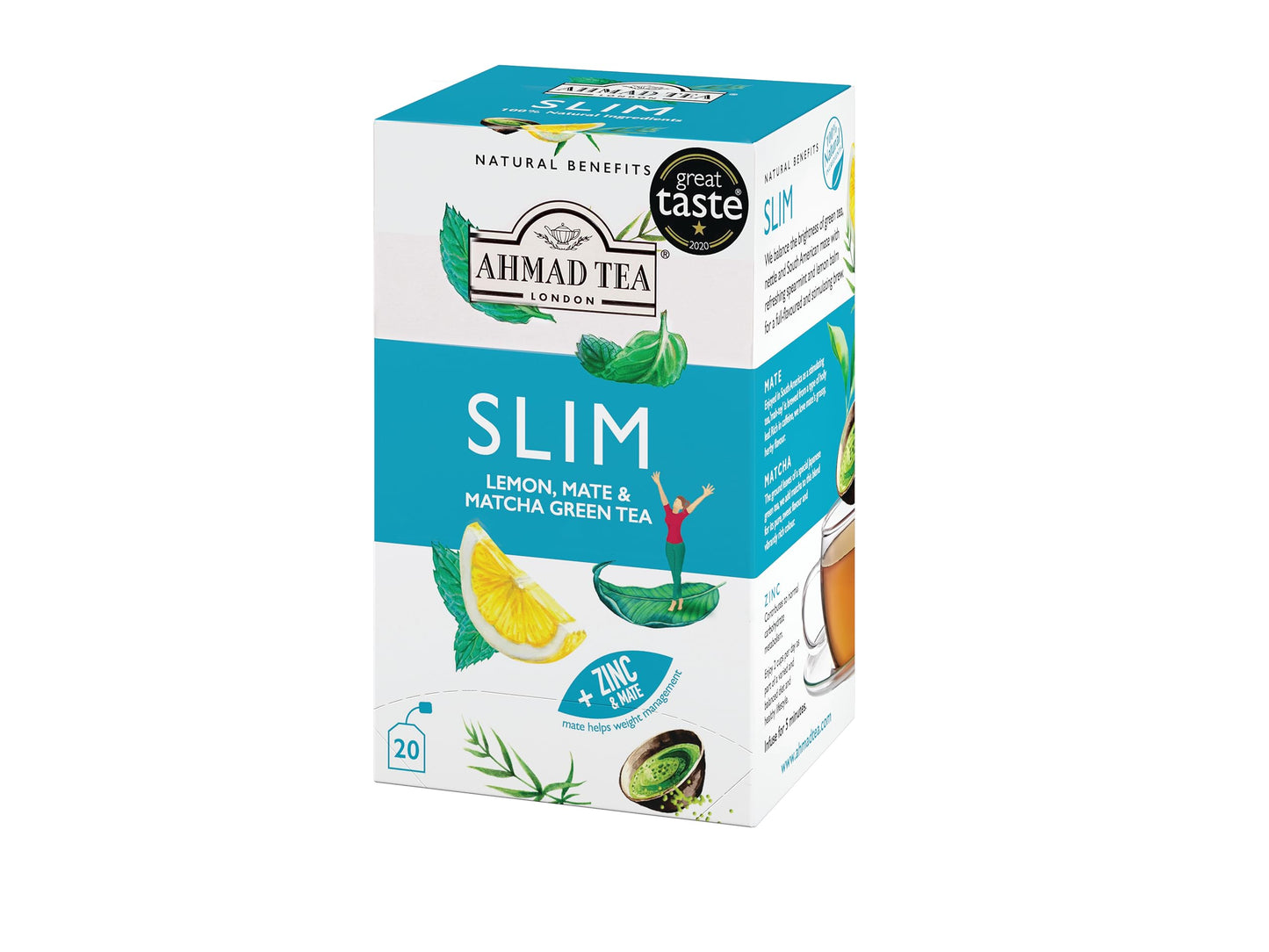 Ahmad Tea Green Tea, Lemon, Mate, & Matcha 'Slim' Natural Benefits Teabags, 20 ct (Pack of 6) - Caffeinated & Sugar-Free