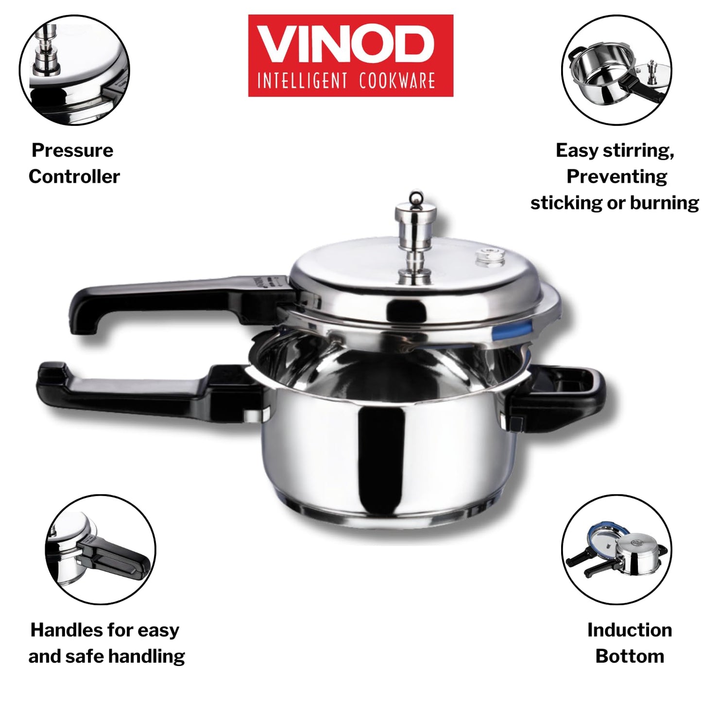 Vinod St. Steel Pressure Cooker 3 Litres - Indian Cookware
