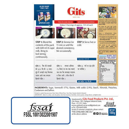 Gits Instant Vermicelli Kheer Dessert Mix, 400g (Pack of 4 X 100g Each)