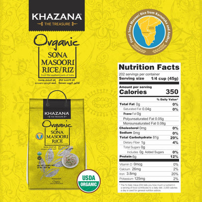 Khazana Organic Sona Masoori Rice 20lb | Non-GMO, Gluten-Free, Kosher, Cholesterol Free | Aged Aromatic, Flavorful, Authentic Grain From India