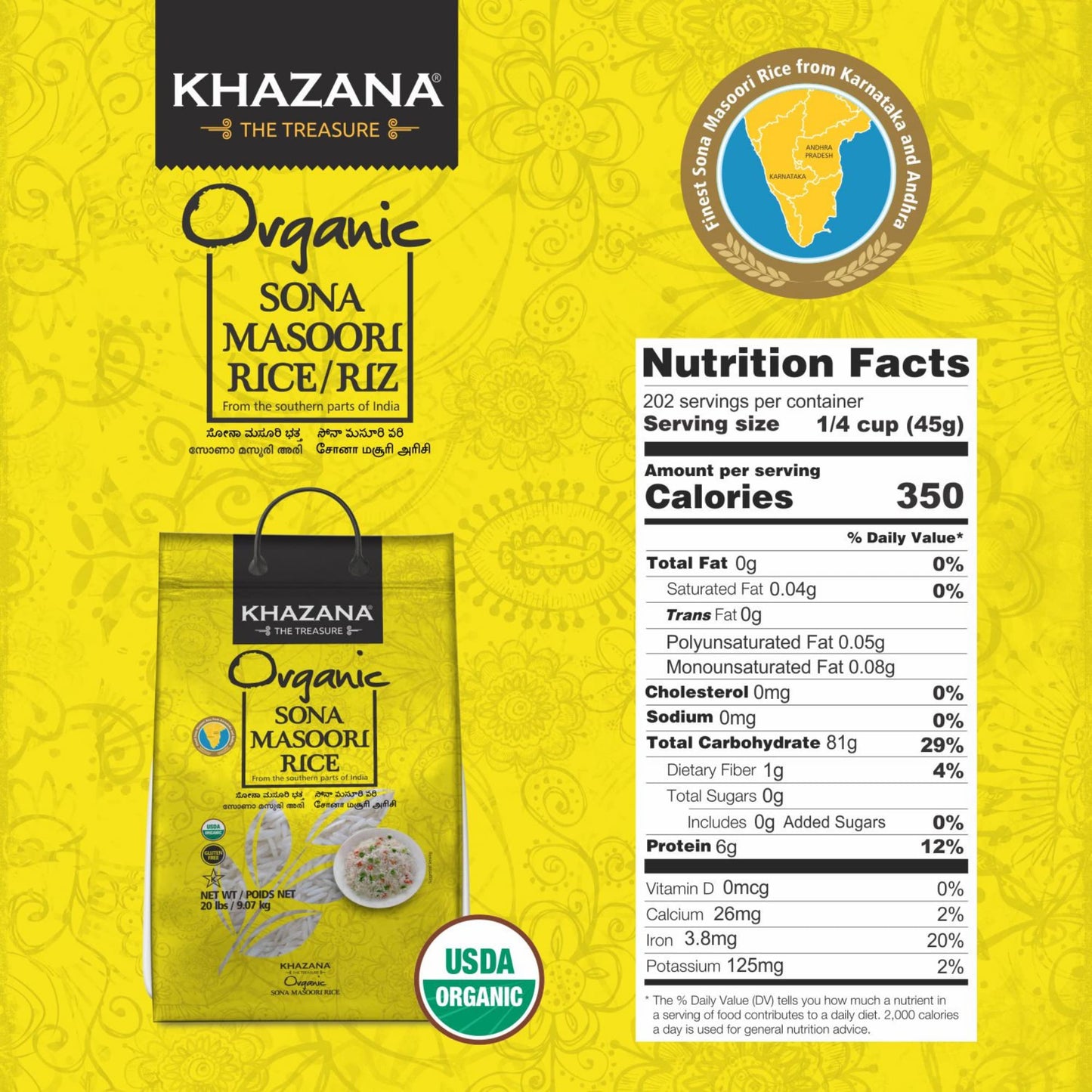 Khazana Organic Sona Masoori Rice 20lb | Non-GMO, Gluten-Free, Kosher, Cholesterol Free | Aged Aromatic, Flavorful, Authentic Grain From India