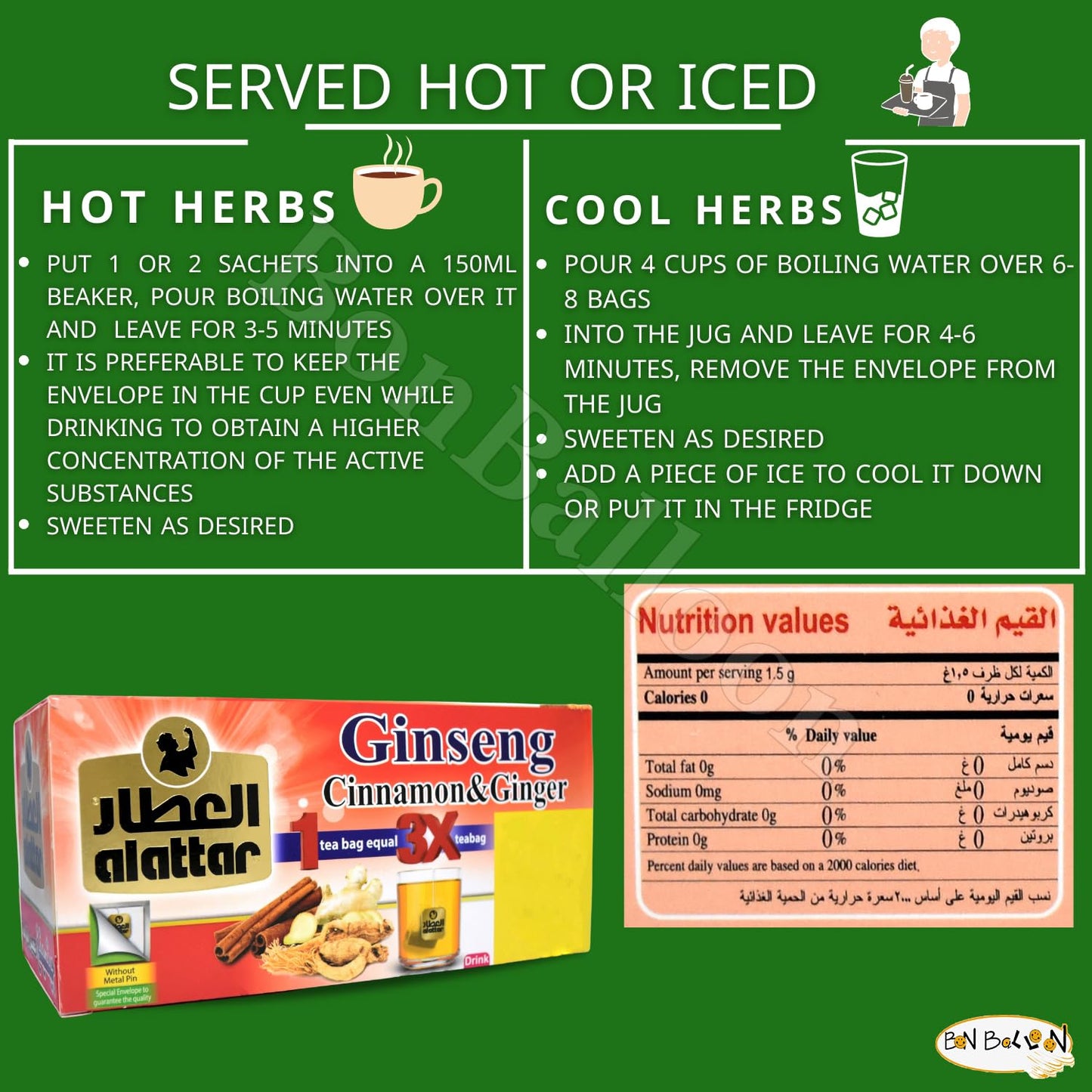 AlAttar Natural Drink Ginseng Cinnamon & Ginger Herbal Tea Bags Herb Herbs Non Gmo No Caffeine No Additives No Artificial Coloring Kosher Halal (20 Bag)