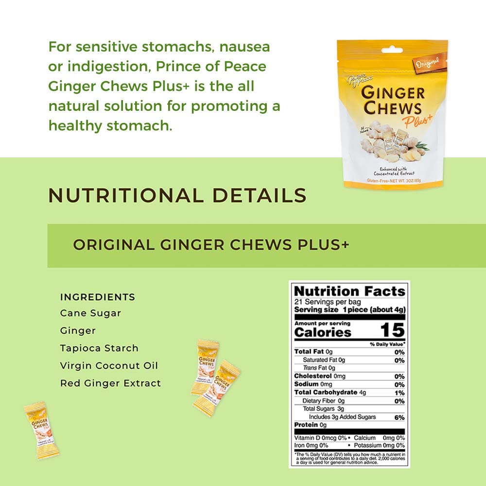 Prince Of Peace Ginger Chew Plus+ Original, 3 oz. Bag Digestive Aid, Relief, Healthy Candy, Stomach Aid
