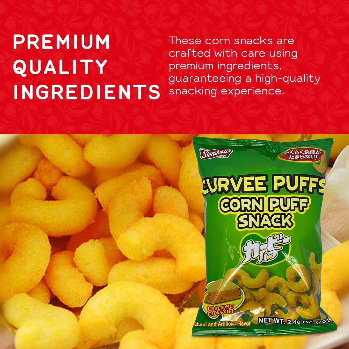 Shirakiku Curvee Corn Puff Snack | Natural and Artificial Flavor, Silicon dioxide, Palm oil, Wheat, Onion || Authentic Japanese Snacks in Cheese Flavor | 2.46 oz Pack of 2