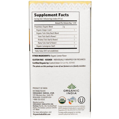 Tulsi Lemon Ginger -Organic India 18 infusion bags - Indian Tea & Coffee