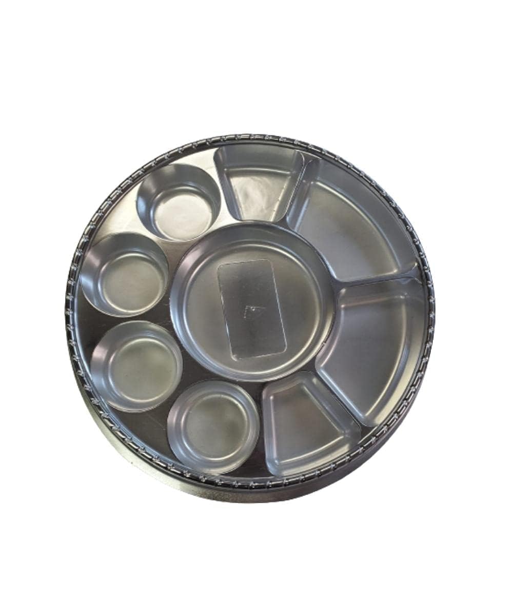 9 Compartment Disposable Silver Matte Plates - Indian Thali Plastic Tray