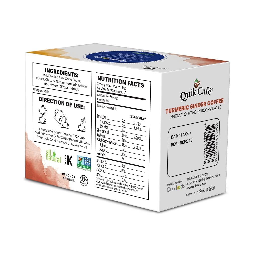 Quik Cafe Turmeric Ginger Instant Coffee Latte - 10 Count Single Box - All Natural Superfood Golden Coffee