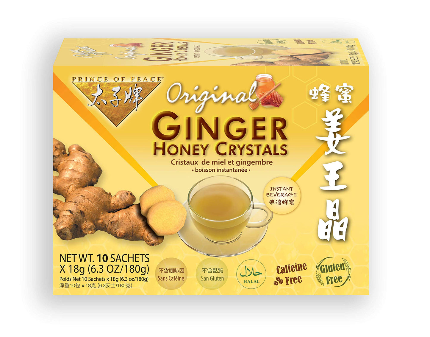 Prince of Peace Instant Ginger Honey Crystals, 10 Sachets Instant Hot or Cold Beverage Easy to Brew Ginger and Honey Crystals