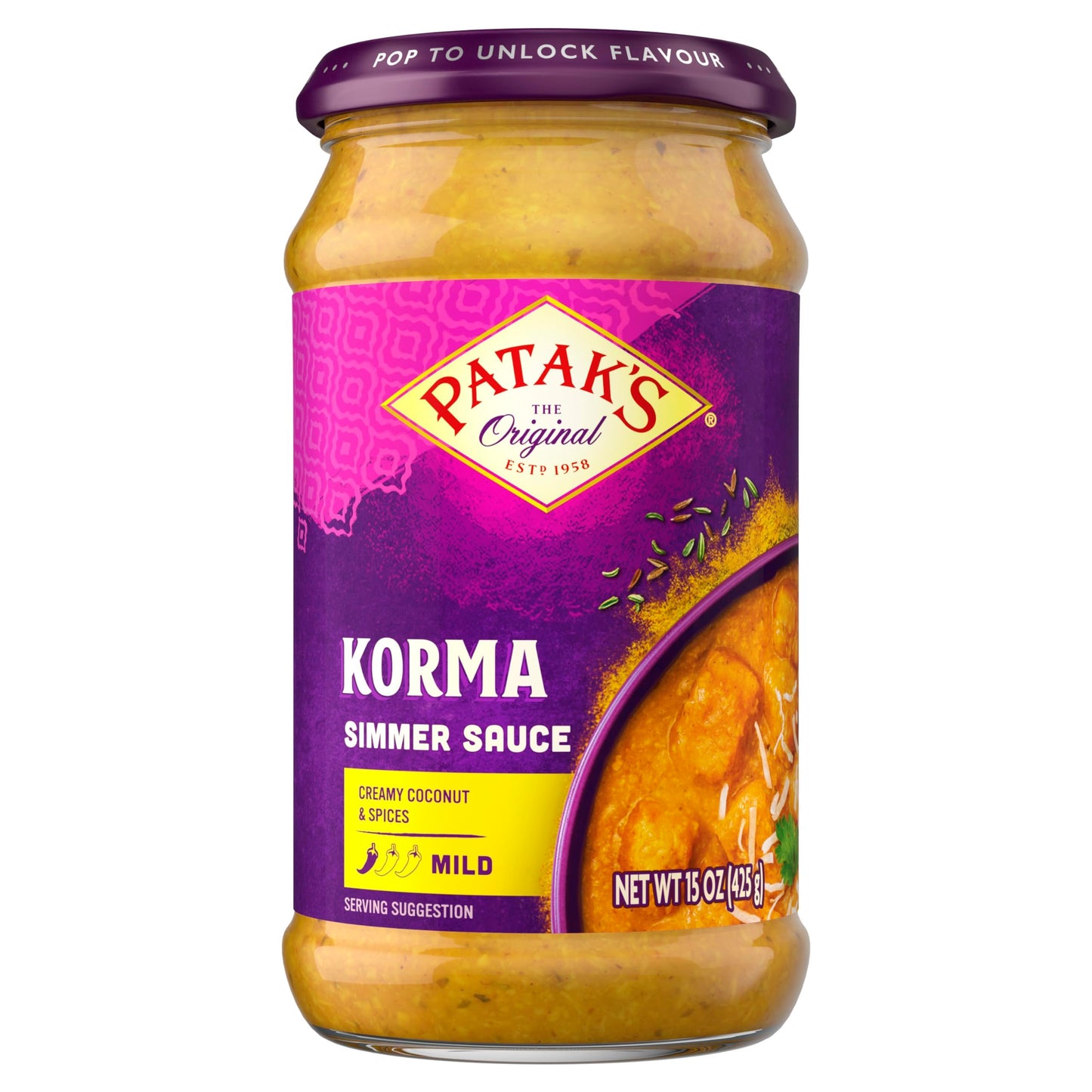 Patak's Korma Simmer Sauce - 15 Oz (Pack of 3) A Mild and Creamy Coconut Sauce, No Artificial Flavors or Colors, Gluten Free, Vegetarian Friendly