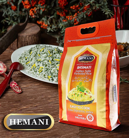 HEMANI Basmati Golden Sella Parboiled Rice 11LB - Great Value Savings - 1 LB FREE - Easy to Cook - Low Glycemic Index